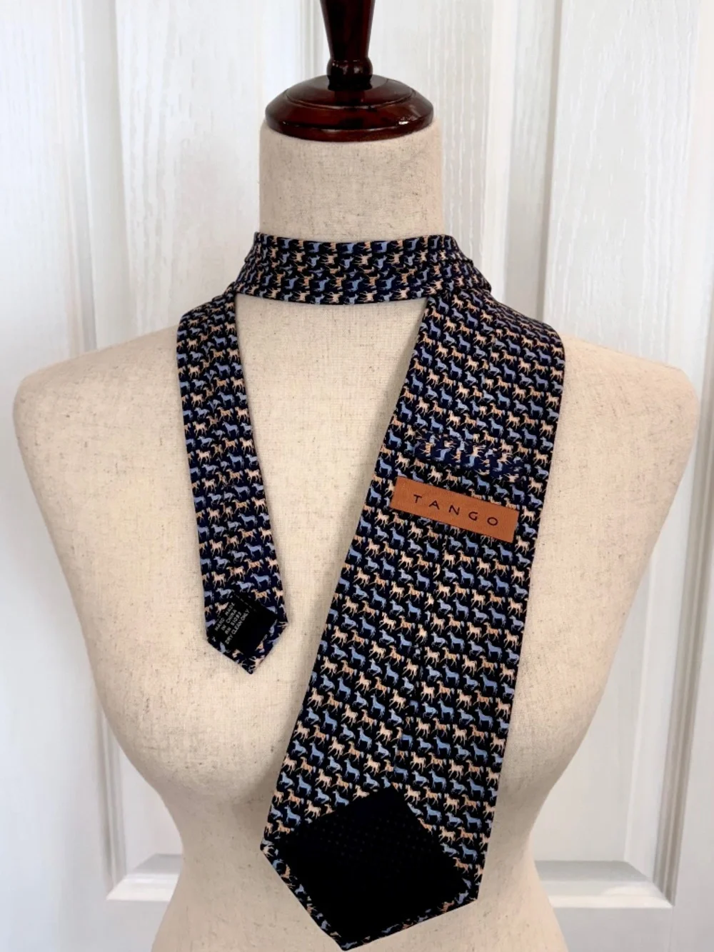 Vintage Men's 100% Silk Tie, Horses Prancing & Sitting, by Tango, Navy Blue, 60